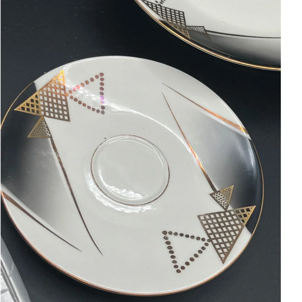 Seltmann Vohenstrauss Bavaria Porcelain Tea cup Set Trio Gold Geometric 3305 MCM